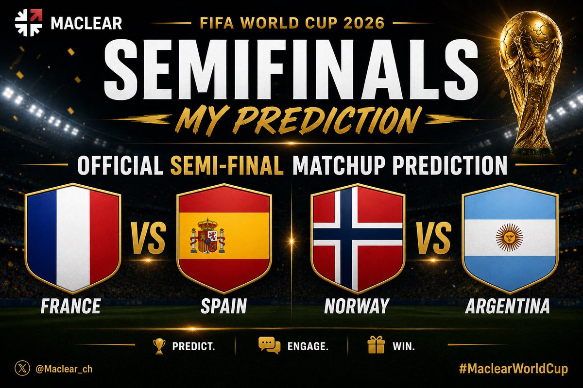 ArdsInc's tweet photo. 🇫🇷 My semifinal prediction is locked! 🔒

I’m taking a bet with @Maclear_ch.

⚔️ France 🇫🇷 vs Spain 🇪🇸
⚔️ Norway 🇳🇴 vs Argentina 🇦🇷

Let’s see if my prediction comes true! 👀🏆

#MaclearWorldCup https://t.co/yXyYedmhbz