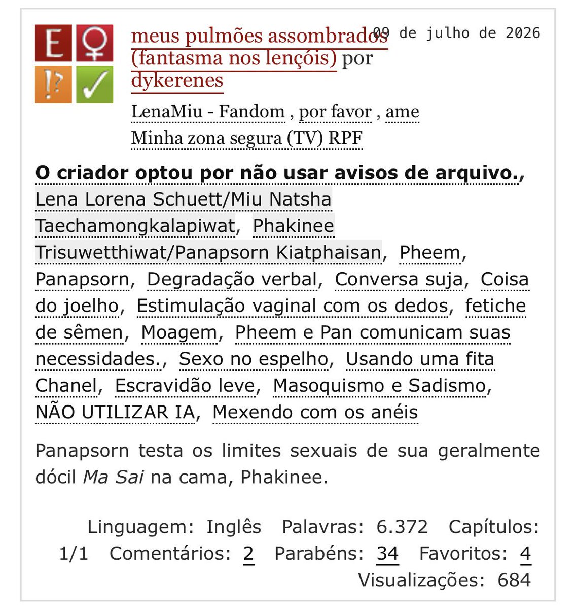 lena_miufanfics's tweet photo. “Ela disse ‘devagar’… mas o olhar pediu exatamente o contrário 🔥🖤

https://t.co/Qr3eEvz0RH

#ลีน่าหมิว #fanfictionLenaMiu 
#LenaMiu #GL #GLfic https://t.co/FqQvLXwgx5