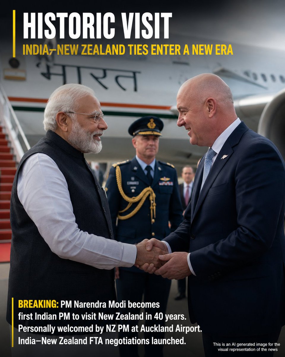 IndianDefenceT's tweet photo. BREAKING: Prime Minister @narendramodi has become the first Indian Prime Minister to visit New Zealand in 40 years. In a special diplomatic gesture, he was personally welcomed at Auckland Airport by New Zealand Prime Minister @chrisluxonmp. The launch of India–New Zealand Free Trade Agreement (FTA) negotiations marks a major milestone in strengthening bilateral ties.

#IndiaNewZealand #PMModi #Diplomacy #FTA #IndiaNZRelations