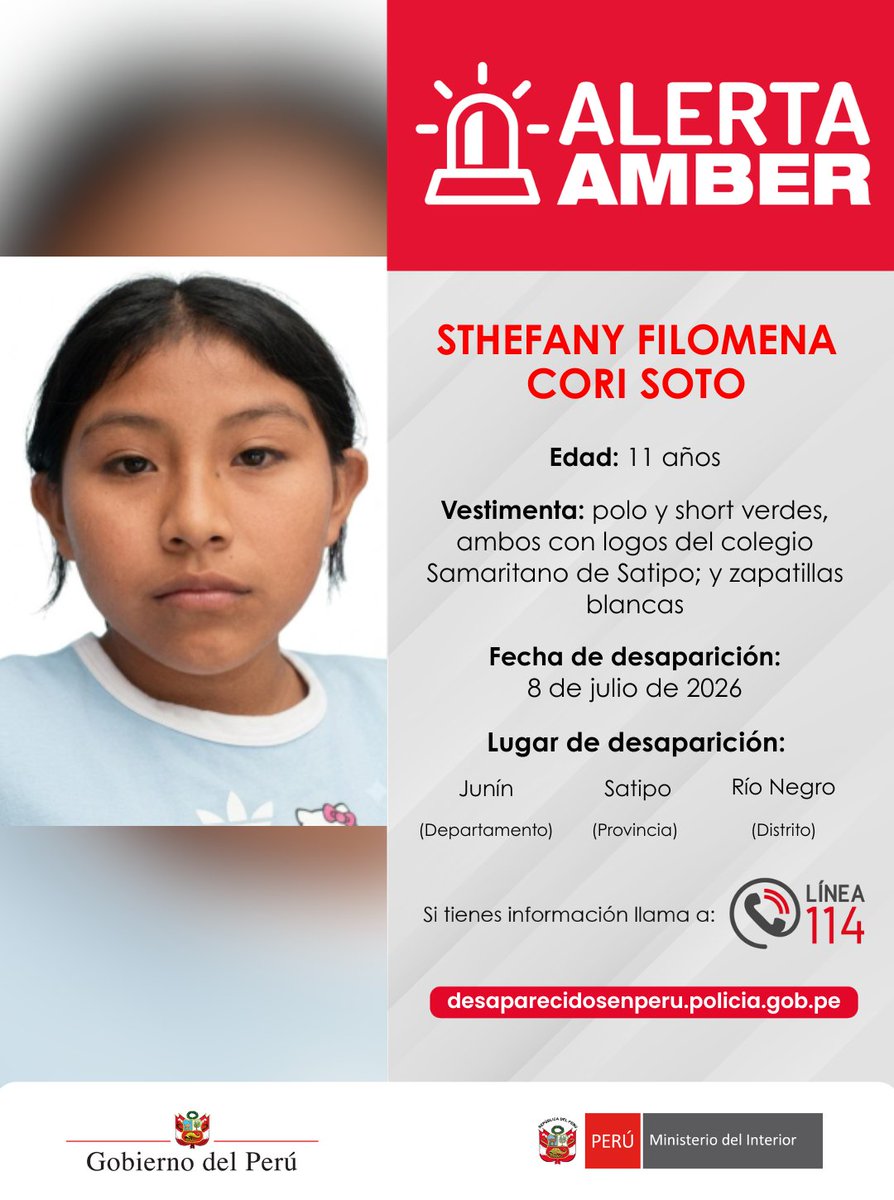 MininterPeru's tweet photo. 🚨 ¡#AlertaAmber de personas desaparecidas!

📢 La PNP (@PNP_Noticias) se encuentra en la búsqueda de Santiago Pocco (35) y Stephany Cori (11).

📱 Si tienes información sobre su paradero, llama a la #Línea114.

#DesaparecidosEnPerú #GobiernoDeTransición https://t.co/USezzUeO40