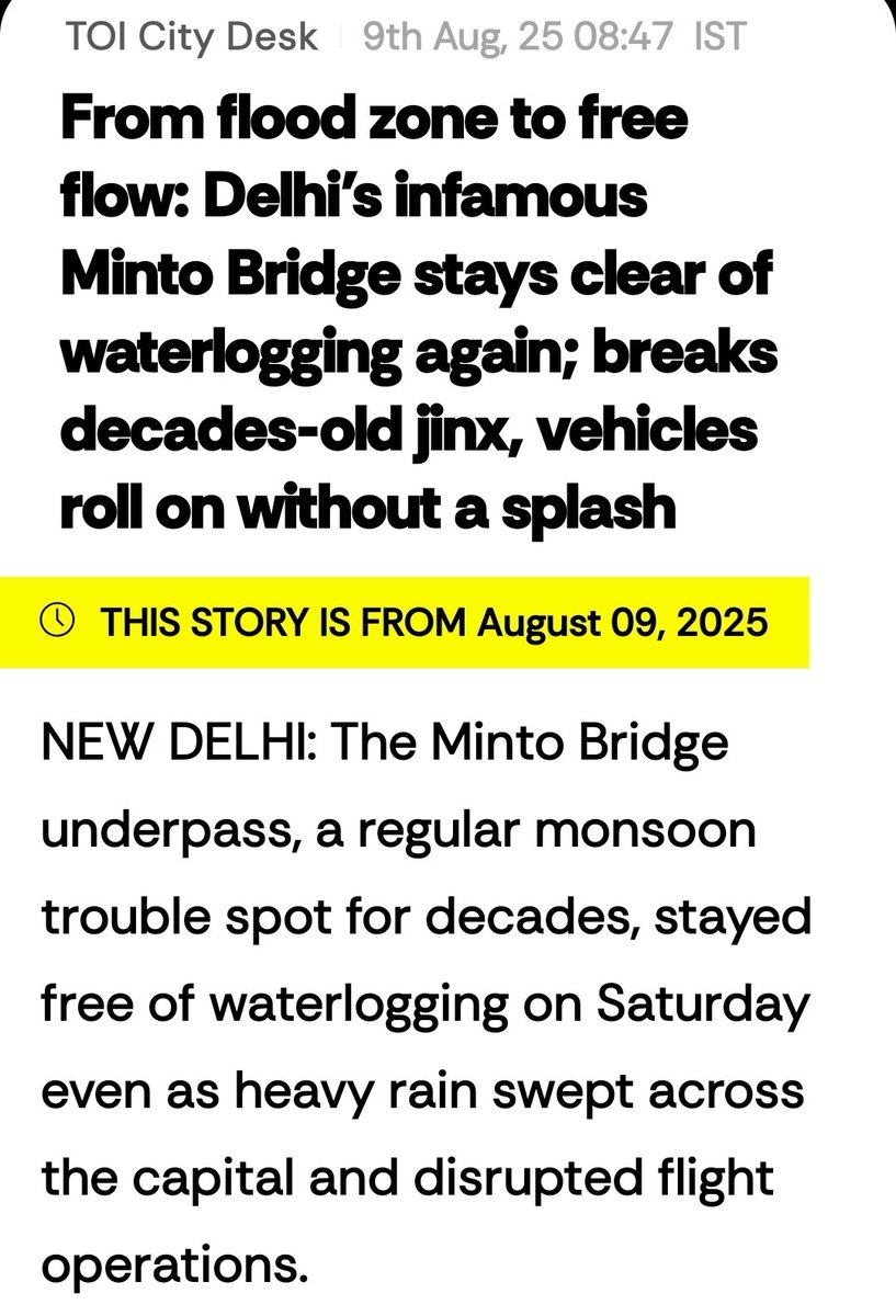 MrsGandhi's tweet photo. He is called ‘Farziwal’ for a reason!! 

For decades, Minto Bridge was Delhi's most notorious monsoon flooding hotspot under successive govts. 

Only after the BJP assumed office in Delhi in 2025, intensive drainage management & pumping measures significantly reduced the recurring flooding.

But today, yet again, Arvind Kejriwal is shamelessly taking credit for the work done by the BJP!!