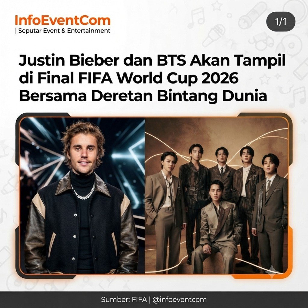 infoeventcom's tweet photo. 🚨🔥 GEMPAR! Justin Bieber & BTS Bakal Tampil di Final FIFA World Cup 2026! 🎤⚽

Dua ikon musik dunia ini siap bikin panggung final Piala Dunia makin gila bareng deretan bintang internasional! Bayangin energinya… pasti nggak masuk akal! 😱✨

Kamu tim Justin Bieber atau ARMY BTS? 
Comment “JB” atau “BTS” di bawah ini biar kita liat siapa yang lebih dominan! 👇

Tag 3 temanmu yang harus tau berita ini sekarang juga! 

Save post biar nggak ketinggalan update terbaru ya 📌

#FIFAWorldCup2026 #JustinBieber #BTS #PialaDunia2026 #InfoEventCom