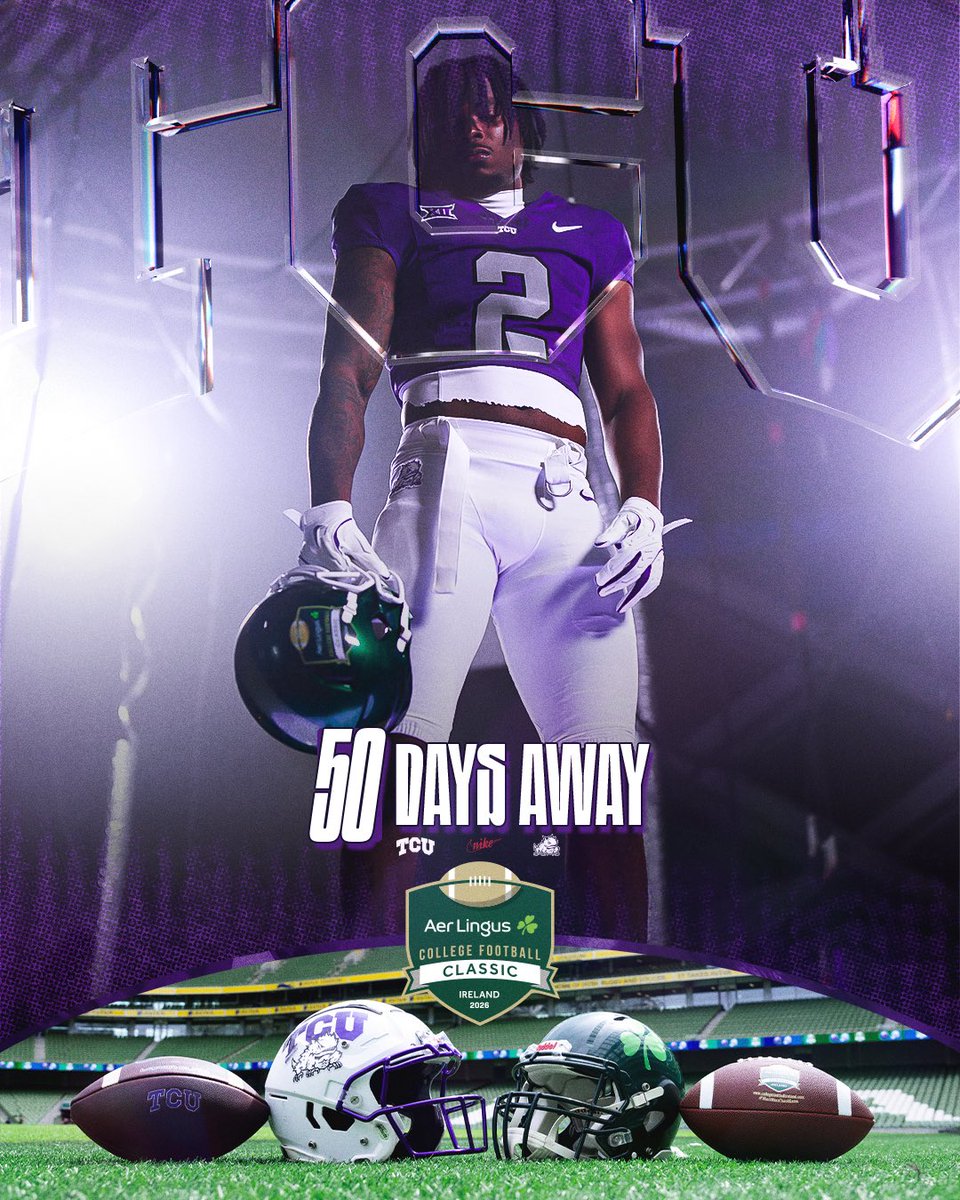 TCUFootball's tweet photo. 5️⃣0️⃣ days until @cfbireland‼️

✈️ https://t.co/Hg5Dh2EfEN https://t.co/3UDyL92sNB