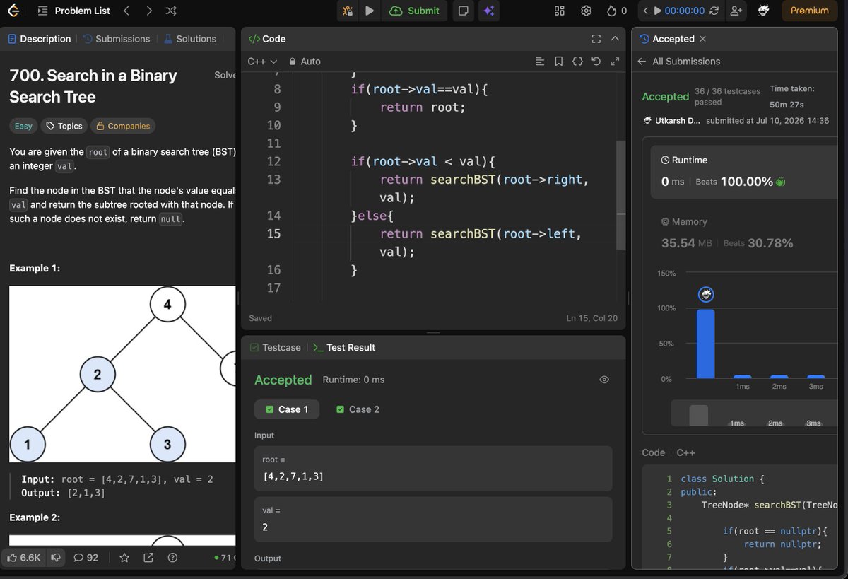 dubeytech_'s tweet photo. Day 40/45 of the #SDESheetChallenge done !! ✌️today's questions were :  
1. Populating Next Right Pointers in Each Node 
2. Search in BST 
3. Construct BST from given keys
@takeUforward_ https://t.co/t64aFo5wmf