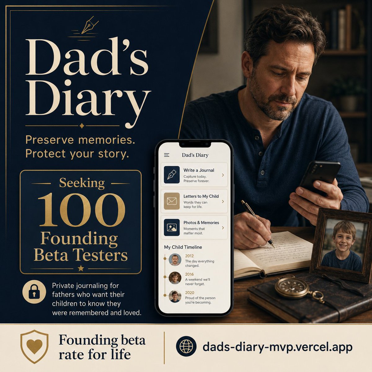 rustypang's tweet photo. A father should not be forgotten simply because he cannot be there.

I built Dad’s Diary for fathers separated or alienated from their children.

I am looking for the first 100 fathers to beta test it.

https://t.co/y0XXUMi7fU

#DadsDiary #AlienatedFathers https://t.co/pENiUarYK5