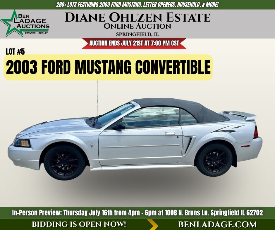 BenLadage's tweet photo. 2003 Ford Mustang Convertible up for bid at Diane Ohlzen Estate Online Auction - Featuring Silver exterior with gray leather interior &amp; black power convertible top- Only 85,156 miles! BID TODAY at https://t.co/XL7ynEHcAL https://t.co/PrythpZqFe