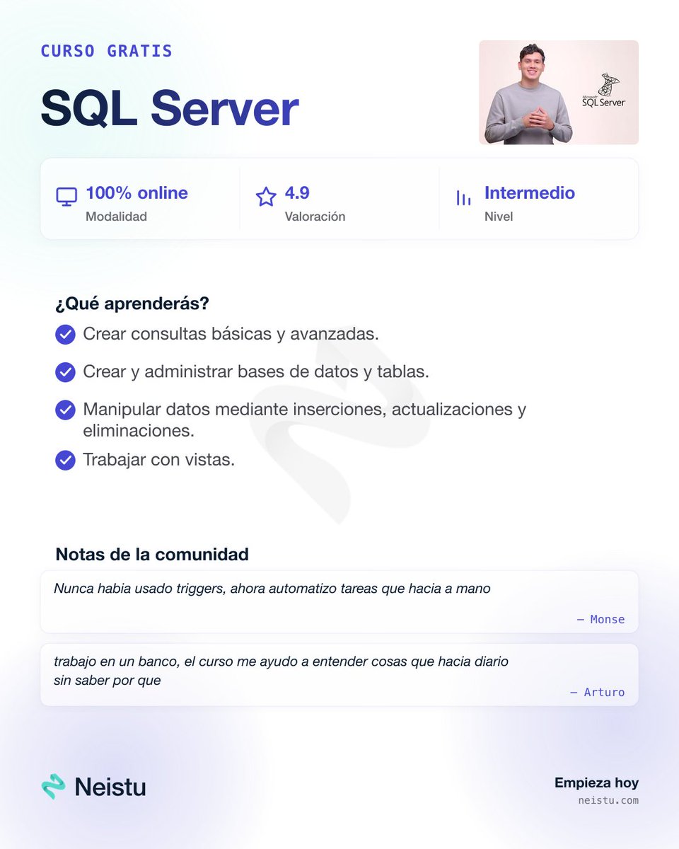 neistu_com's tweet photo. 🗄️ Curso GRATIS de SQL Server + Certificado.

Aprende a administrar bases de datos, optimizar consultas y desarrollar soluciones con SQL Server.

🔗 https://t.co/pHxy9NDzox

#SQLServer #SQL #BasesDeDatos https://t.co/KZtR2Xdv5g
