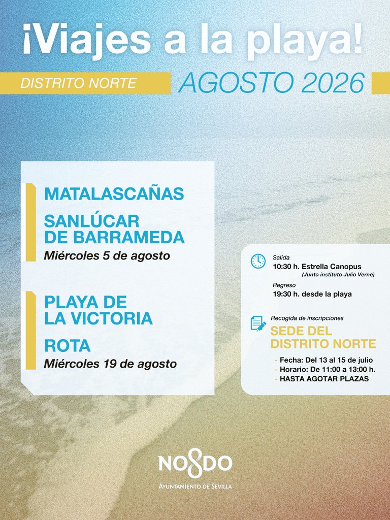 Dto_Norte's tweet photo. Desde el Distrito Norte os ofrecemos los viajes programados para AGOSTO :

🗓 5  Matalascañas 

🗓 5 Sanlucar de Barrameda

🗓 19  Playa de la Victoria

🗓 19  Rota

📝Inscripciones:Del 13 al 15  de julio de 11:00 a 13:00. En la sede del Distrito. 

🌞 Os esperamos . https://t.co/l0Pup7zG92