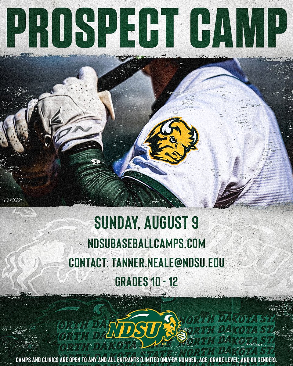 NDSUbaseball's tweet photo. We are 1 month out from our Prospect Camp on Sunday, August 9, and it is officially open to register for!

Register now at https://t.co/9D2QqRTCtF

For more information you can reach out to Tanner Neale (tanner.neale@ndsu.edu). We are looking forward to having you all there!🤘 https://t.co/KnJGjv1elR