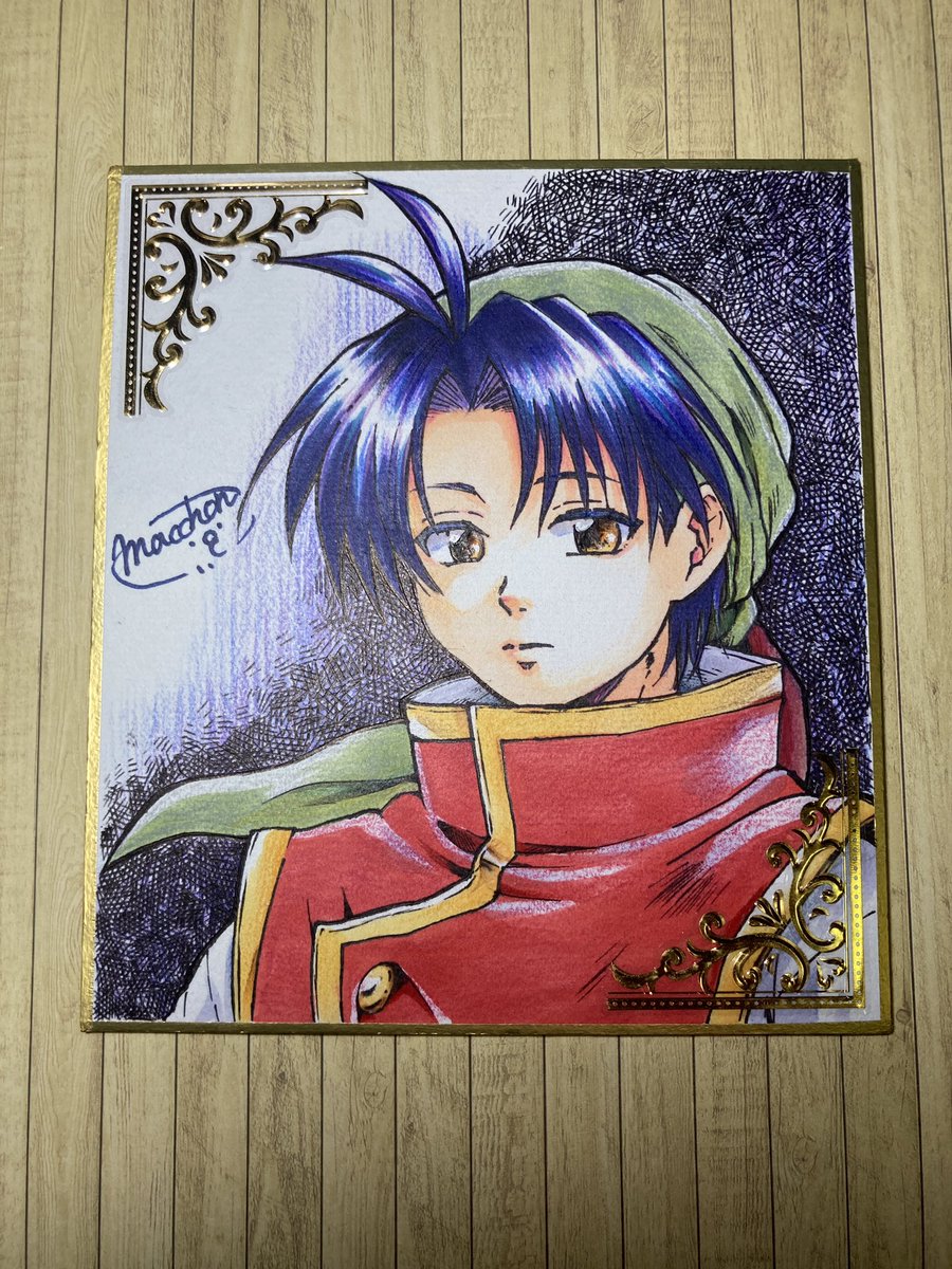 ミニ色紙に坊ちゃん描いた！ アナログ久々。 2枚目は使った画材の一部。