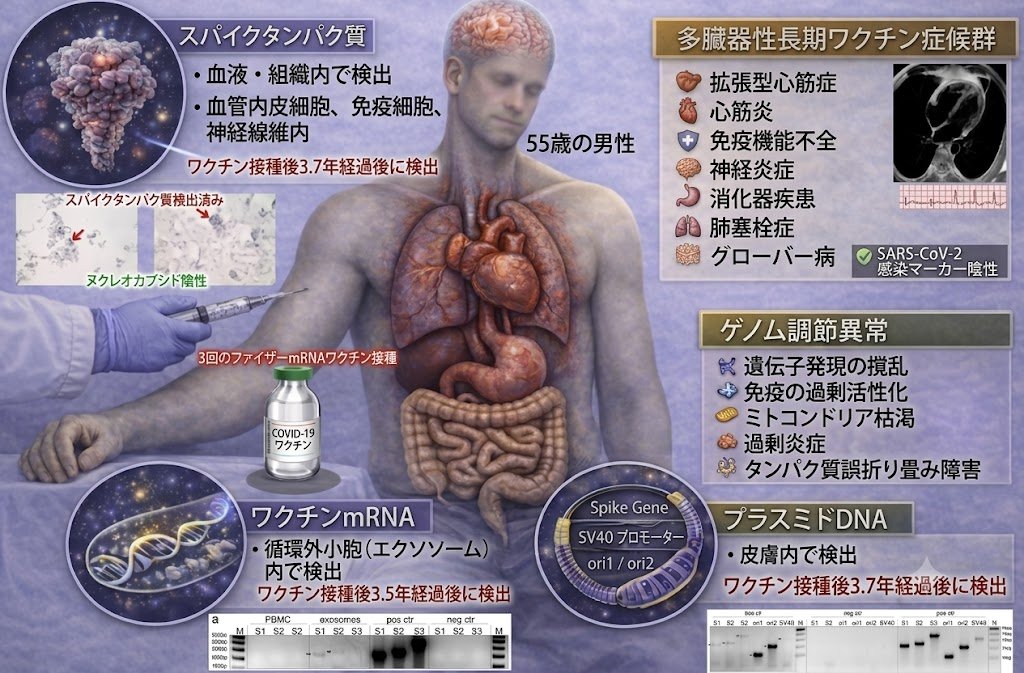 Alzhacker's tweet photo. 2026年6月に発表された症例報告は、mRNAワクチンの成分が接種後3.5年以上にわたって体内に残存しうることを示す、これまでで最も長期の分子学的証拠を提示した。

55歳男性が3回のファイザー・ビオンテック製ワクチン接種後に多臓器不全を発症。接種から1433日が経過してもスパイク抗体が高値で持続し 、血漿中およびエクソソーム中のスパイクタンパク質、循環エクソソーム中のワクチン由来mRNA、末梢血単核球中のプラスミドDNA複製起点配列が検出された。

皮膚組織からはスパイク遺伝子断片、複製起点配列、SV40エンハンサー配列も確認されている。

この患者は接種後に肺塞栓症、心臓MRIで確認された心筋炎、消化管運動障害、皮膚炎、神経認知機能障害を発症。40回以上の救急外来受診、200回以上の専門外来受診、100回以上の非ルーチン検査、100回以上の画像検査という異例の精査にもかかわらず、症状は進行性だった。心筋炎の診断は発症から約2.5年後の2024年4月にようやく確定。診断の遅れはワクチン有害事象が時間制限のある報告経路と衝突する問題を浮き彫りにした。

多角的分子解析は単なる残存を超えた異常を示す。全ゲノム構造変異解析ではEGFR、MYC、ERBB2/HER2、ETV6/RUNX1など癌関連遺伝子座にコピー数変異様変化を検出。トランスクリプトーム解析では抗酸化酵素GPX4の発現低下、ACEの発現上昇、腸管バリア関連APCの顕著な低下など、患者の症状領域と整合する遺伝子発現異常が確認された。尿プロテオーム解析ではS100A8、S100A9、CAMPなど自然免疫シグナル伝達関連タンパク質の顕著な上昇が認められた。

この症例が従来の前提を覆すのは、mRNAワクチンが「速やかに分解され、生物学的に一過性」という前提が崩れた点にある。ワクチン由来mRNAは数時間から数日で分解されるとされてきたが、本報告は1284日後の検出を示す。LNPカプセル化mRNAのヒト脳・心臓への浸透も報告されており、体内分布に関する知見は未だ不十分だ。

この症例を単なる異常値と片付ける前に考えるべきことは多い。製薬企業による長期追跡データの公開、ワクチン成分の生体内動態に関する独立した研究、そして原因不明の慢性症状に苦しむ人々への診断と治療の道筋は、いまなお未確立のままである。

—

研究論文 『Persistence of Vaccine mRNA, Plasmid DNA, Spike Protein, and Genomic Dysregulation Over 3.5 Years Post-COVID-19 mRNA Vaccination』（ワクチンmRNA、プラスミドDNA、スパイクタンパク質、ゲノム異常がmRNAワクチン接種後3.5年以上持続）2026年
Nicolas Hulscher（公衆衛生学修士）、Vanessa Schmidt（博士）、Michael Morz（医学博士）、Claire Rogers（医師補）、Natalia von Ranke（博士）、Wei Zhang（博士）、John A. Catanzaro（博士）、Peter A. McCullough（医学博士・公衆衛生学修士）
https://t.co/5k245PMIXt
https://t.co/CQlMU1kb3h