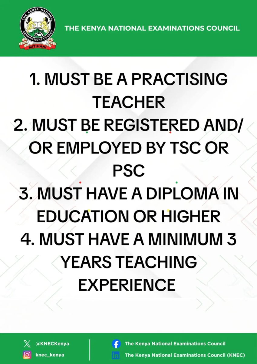 KNECKenya's tweet photo. Call for applications for training of KJSEA and KCSE examiners. For more information, see the detailed advertisement on our website via the link https://t.co/RSYUpLaoZy

#2026assessments 
#kcse2026 
#integrity https://t.co/6gZTVDPnK8