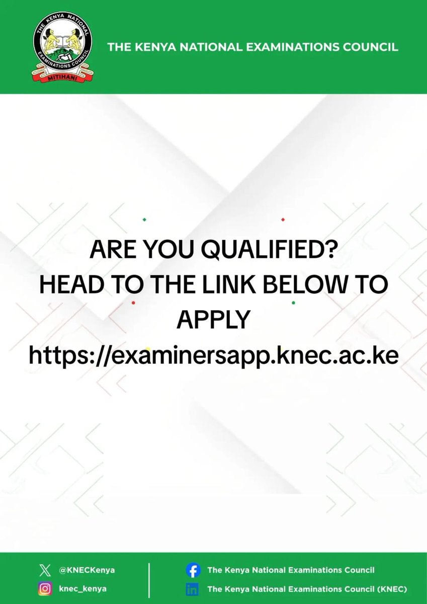 KNECKenya's tweet photo. Call for applications for training of KJSEA and KCSE examiners. For more information, see the detailed advertisement on our website via the link https://t.co/RSYUpLaoZy

#2026assessments 
#kcse2026 
#integrity https://t.co/6gZTVDPnK8