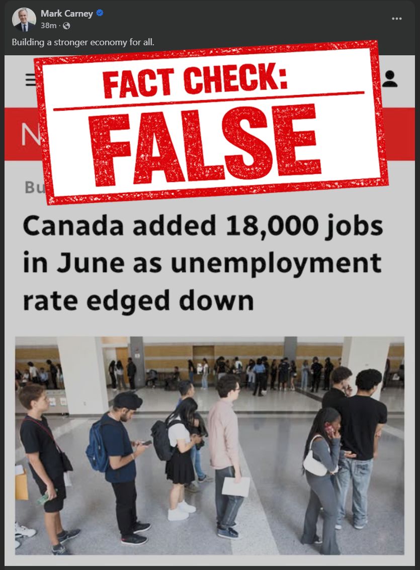 ScotDavidsonMP's tweet photo. FACT CHECK: Once again, Mark Carney is misleading Canadians.

Of the 18,000 jobs created in June, almost all were part-time positions, while goods-producing sectors like manufacturing lost 43,700 jobs last month.

Canadians deserve a government that strengthens the economy, supports workers in every sector, and restores the hope of stable, full-time employment - not a Prime Minister who gaslights people to hide his own failures.