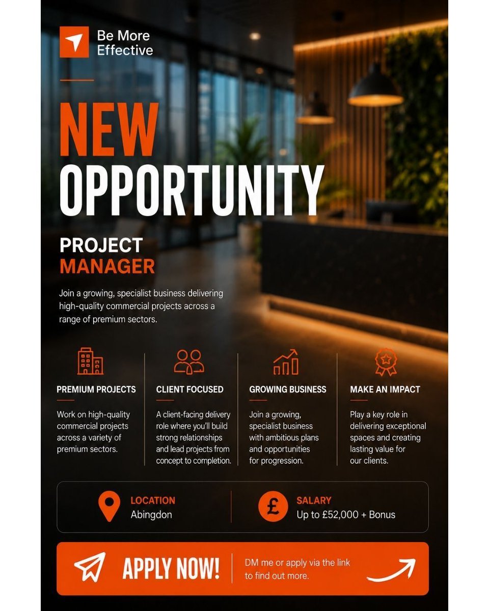 bobhayward's tweet photo. 🌿 Project Manager Role | Fit-Out / Biophilic Installations
📍 Abingdon
💰 Up to £52,000 + Bonus
🌿 Premium projects | Growing business | Hands-on delivery
Simply follow the link below to apply:
https://t.co/wHB0tKw0eP
#ProjectManager #FitOut #ConstructionJobs #BiophilicDesign https://t.co/snQGAPIwXr