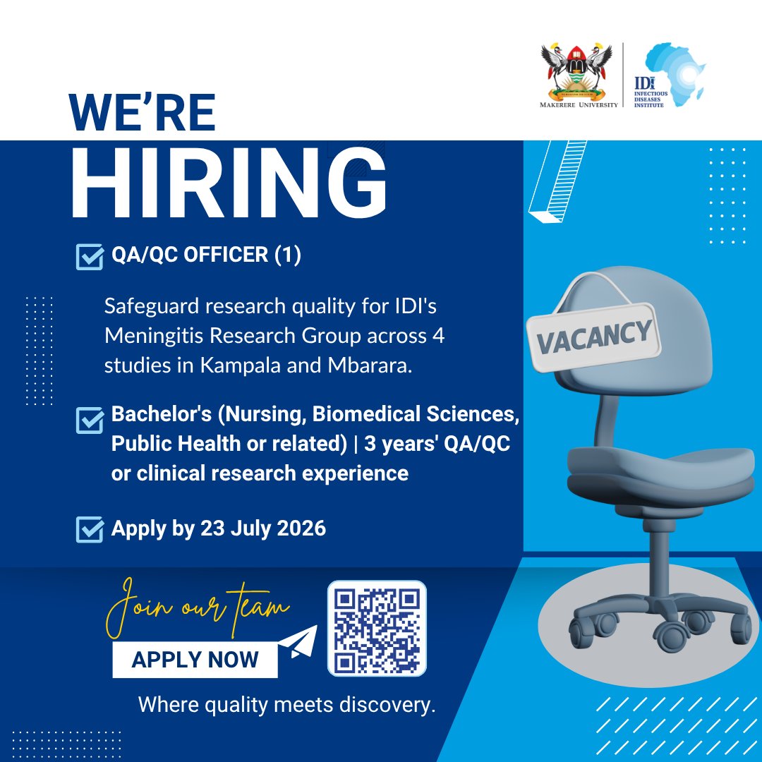 IDIMakerere's tweet photo. We're hiring a QA/QC Officer.
You'll support quality systems for our Meningitis Research Group across 4 studies (COAST, HARVEST 2.0, PLATFORM-CM) in Kampala and Mbarara.
GCP knowledge + an eye for detail? Apply now.
🔗 https://t.co/fK9MDO61Qb https://t.co/Bdqvt6LIB8