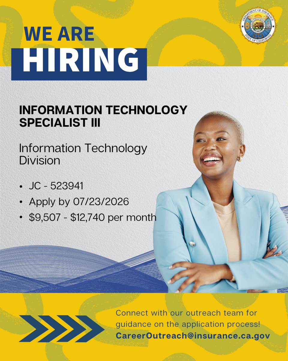 CDInews's tweet photo. Do you enjoy working in a fast-paced environment with variety in your work? The California Department of Insurance (CDI) is seeking a dynamic IT Business Strategy Architect. 

Apply here: https://t.co/SuyNg2JN6G

#work4ca #CDI #IT https://t.co/TQZwRZFBeF