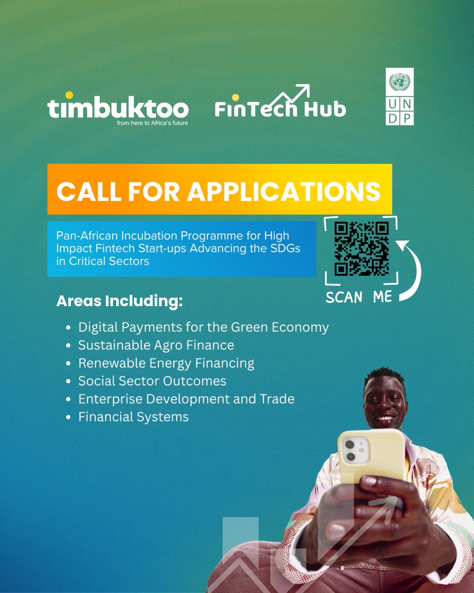 timbuktooafrica's tweet photo. Calling African #FinTech startups!

timbuktoo #FinTechHub is looking for innovators building solutions that strengthen sustainable finance, digital payments, enterprise growth, and financial systems across Africa.

Scan the QR code to apply https://t.co/aLkgbtnMzI