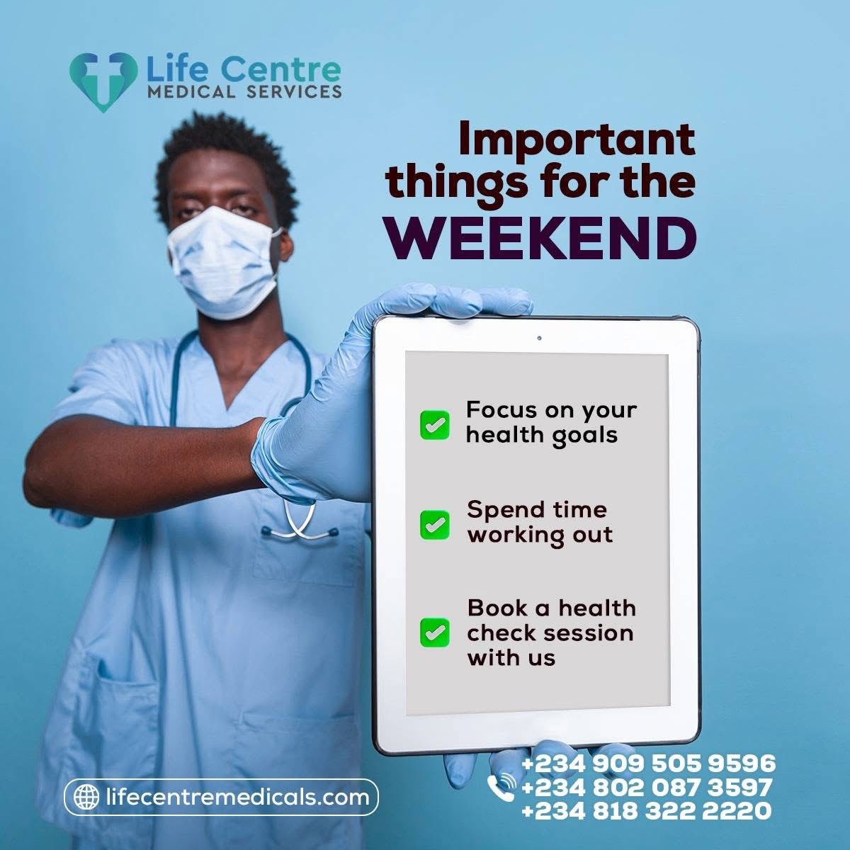 LifeCentreMedic's tweet photo. Your weekend health checklist 

• Focus on your health goals
• Get moving with a workout
• Book your routine health check-up

A healthier week starts with a healthier weekend.

#LifeCentreMedicals #WeekendWellness #PreventiveCare #HealthGoals https://t.co/qyjuO8uLQI