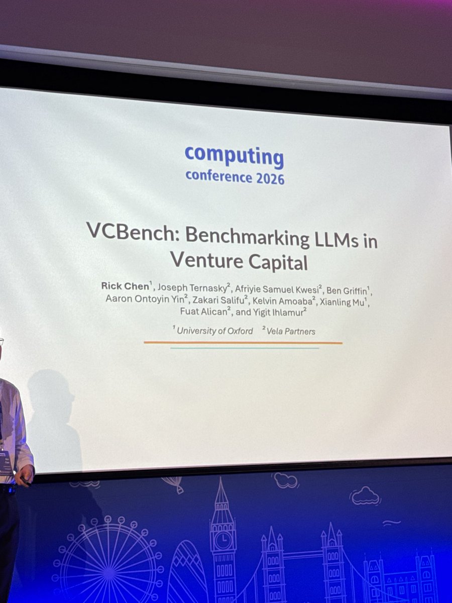 SUL5MUN's tweet photo. تشرفت اليوم برئاسة إحدى الجلسات العلمية في #Computing2026.
من الأوراق المميزة:
VCBench: Benchmarking LLMs in Venture Capital
للباحثين من @UniofOxford
تستكشف الورقة مدى قدرة النماذج اللغوية الكبيرة (LLMs) على دعم قرارات رأس المال الجريء.
#AI #LLMs #VentureCapital #Research https://t.co/VyArDGhR09