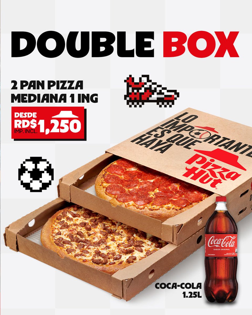 PizzaHutRD's tweet photo. Todo lo que necesitas para armar el coro hoy. 🍕🥤 Disfruta de 2 Pan Pizza medianas y tu refresco favorito en una Double Box desde RD$ 1,250. 
📲 Por app, web, WhatsApp o pasa por tu sucursal más cercana. https://t.co/Eah6g2WOMK