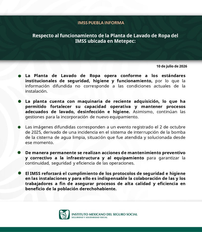 Imss_Pue's tweet photo. #IMSSPuebla informa con respecto al funcionamiento de la Planta de Lavado de Ropa del IMSS ubicado en Metepec: https://t.co/znAw65v8O4