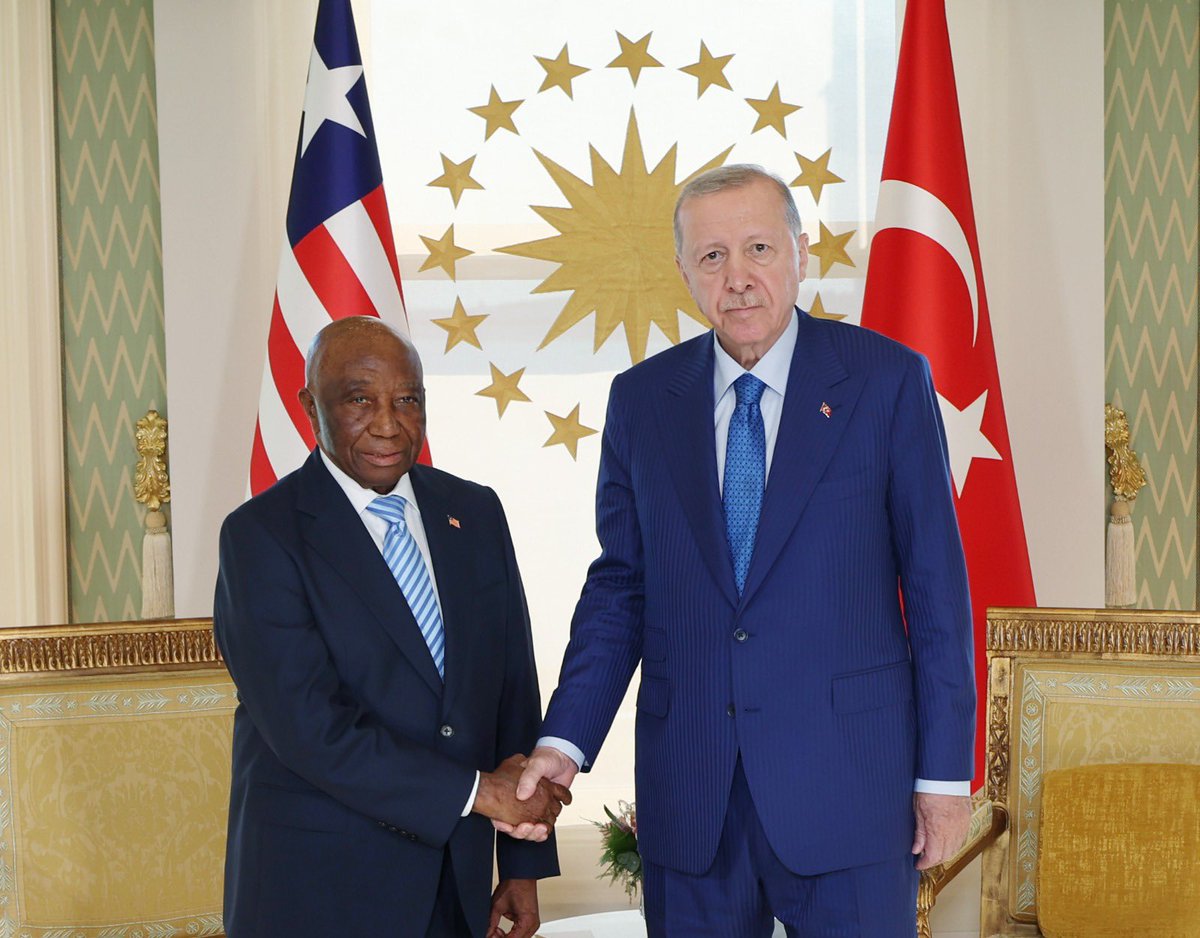 Communications's tweet photo. President Recep Tayyip Erdoğan met with President Joseph Nyuma Boakai of Liberia at Vahdettin Mansion.

The meeting addressed Türkiye-Liberia bilateral relations as well as regional issues.

President Erdoğan stated during the meeting that it would be beneficial for us to continue taking steps to evaluate the trade volume potential of the two countries.

President Erdoğan emphasized that we would work to strengthen our cooperation with Liberia in areas such as the defence industry, security, education, and transportation.

President Erdoğan congratulated President Boakai of Liberia on Liberia’s election as a non-permanent member of the United Nations Security Council.