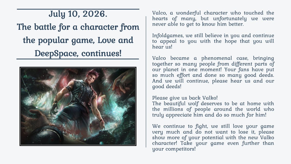 CloudLiit's tweet photo. Your competitors didn't deserve your downfall, so let Valko out and let him take the game even higher!
#Valko #JusticeForValko #恋与深空 #敖尹 #LoveAndDeepspace #LADS #BringValkoBack #SaveValko #BringBackValko #LADSValkoReturn #VALKOMUSTDEBUT https://t.co/KBAshu5j1o