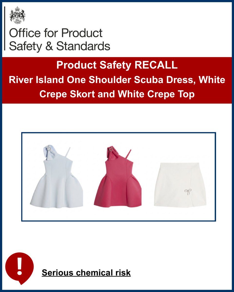 OfficeforSandS's tweet photo. ⚠️ Product Recall for River Island One Shoulder Scuba Dress, White Crepe Skort and White Crepe Top 
 
These products present a serious chemical risk. ⚠️ 
 
Stop using it immediately and return them to River Island for a full refund. 
 
Full notice: https://t.co/g2bTrhJqNS 
 
#UKRecallsAndAlerts #ProductRecall #ProductSafety