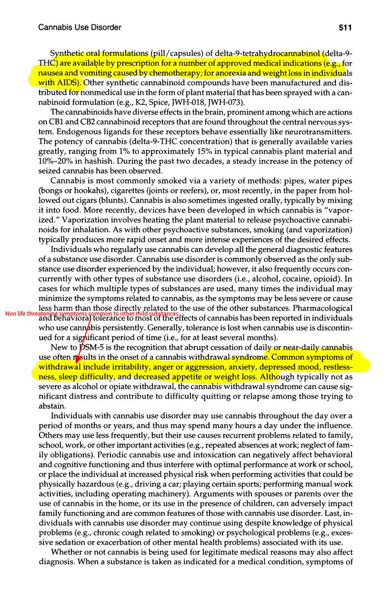 Stagon19's tweet photo. @madras_bertha As I read CUD (p509) it's a behavioral focused definition and does not address the totality of biochemical danger of a substance. Broad enough that coffee also meets at least two criteria. Mentions medical use on page 511, prevalence of 3.4% among 12-17 p512, mild intox on p516 https://t.co/XsBUjYSRvQ