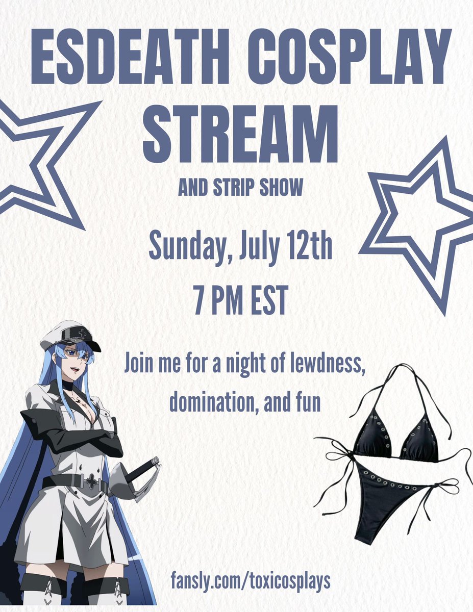 toxicosplays's tweet photo. are you ready to be dominated by esdeath? join me for my fansly stream this sunday where i’ll be doing a strip show as well as many other lewd things for you~ you won’t wanna miss it!! https://t.co/EtAdrSZPFJ