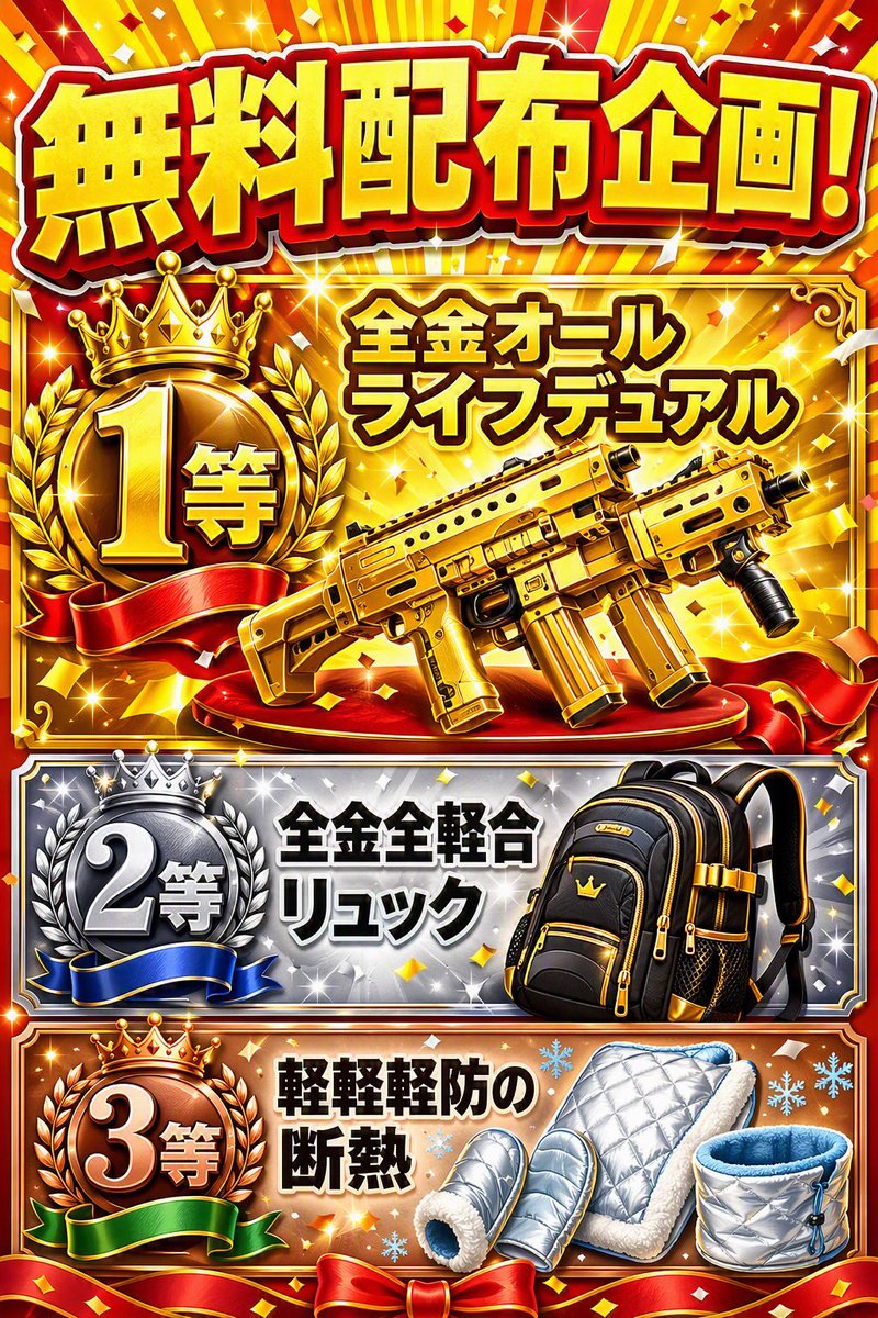 _x4zy's tweet photo. 【配布企画🎁】
デュアル、リュック、断熱無料配布します‼️

✨参加条件✨
フォロー👤＆リツイート♻️

7月　11日　23時59分〆切

🥇全金ライフデュアル
🥈全金全軽合リュック
🥉軽軽軽防の断熱

拡散賞🏆全軽合ヘルメット⛑！！

#ペニンシュラ #ペニンシュラ配布
#無料配布 https://t.co/HEFpwt1SNA