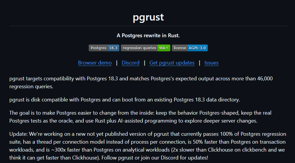 ErickSky's tweet photo. Reescribieron PostgreSQL completo en Rust... y ya pasa el 100% de los tests oficiales de Postgres!

Ojo, no es un fork, es una reimplementación desde cero en Rust que actualmente:

• Pasa las 46.066 queries del regression suite de PostgreSQL 18.3 
• Es disk-compatible (puedes bootearlo directamente con tu data directory actual) 
• Tiene demo funcional en el browser

El objetivo Es hacer que una de las bases de datos más complejas del mundo sea mucho más fácil de modificar, extender y optimizar desde dentro usando Rust + programación asistida por IA.

Y lo más loco: ya existe una versión WIP (aún no publicada) que promete ser 50% más rápida en workloads transaccionales y ~300x más rápida en workloads analíticos.

REPOOO👇
