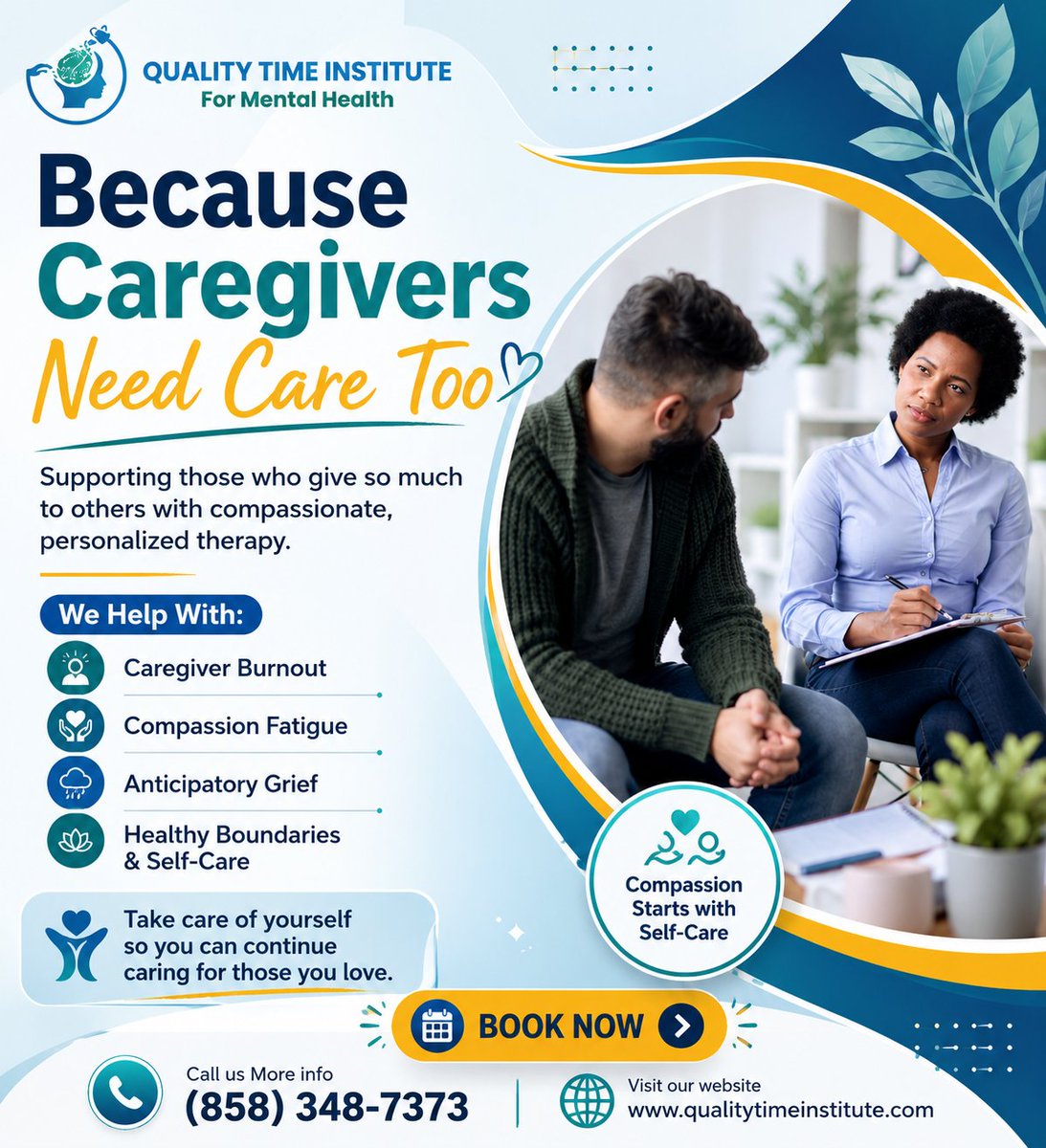 QTIMH's tweet photo. Caregivers need care too

Quality Time Institute offers compassionate, personalized therapy for caregiver burnout and compassion fatigue.

Call 858-348-7373 or Visit https://t.co/P7YqCAHjS1 to schedule.

#CaregiverSupport #CaregiverBurnout #CompassionFatigue #SelfCare #Therapy https://t.co/Vu5K8FaBLw