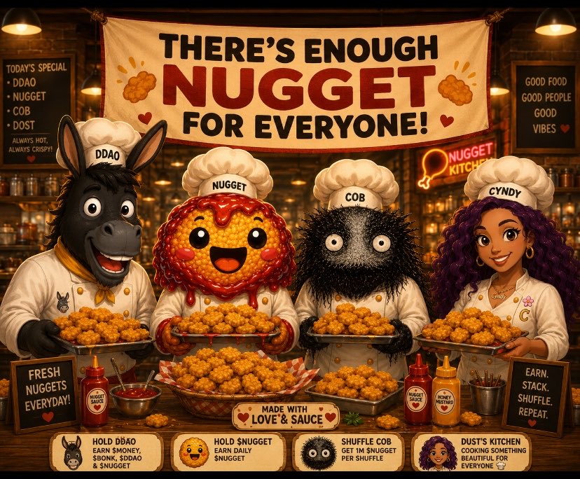 _big_cyndy_'s tweet photo. Did you know @Donkey_DAO holders now earn daily $NUGGET?

No no… hear me out. 😂

I know they’re already earning $MONEY, $BONK and $DDAO.

Well… @Its_Ha_Dost just added $NUGGET too.🍗🤯

Classic Dost. Man really doesn’t know how to do things halfway🤭🫶.

And babes… I’m STILL not done.

@ChildrenOfBert is literally giving 1M $NUGGET to the first 15 people who shuffles a COB rn 🔥AND
You also earn when you Hold $NUGGET. 

At this point, who turned on the Nugget faucet? 🍗🤣

I’m not complaining tho… 

it’s giving everybody gets a plate and i loveeeeee. 💛🍽️ Lfg #ALGOFAM 
@NUGGETCert @Chris19225747
@BuyDDAO