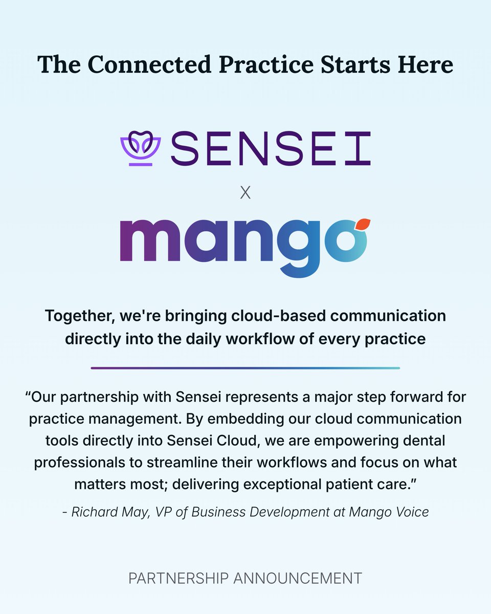 mangovoice's tweet photo. We're excited to announce our partnership with Sensei!

By combining Mango Voice's cloud-based communication platform with Sensei Cloud Apps, we're making it easier for dental practices to stay connected with patients from anywhere. https://t.co/2otsBlvSkP