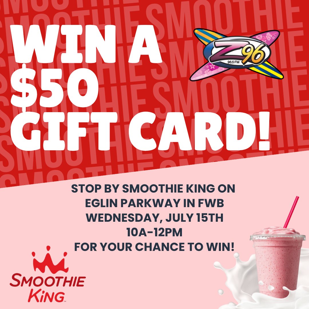 z96fwb's tweet photo. WIN A $50 SMOOTHIE KING GIFT CARD🥤The Z96 Van is headed to the new Smoothie King on Eglin Parkway in Fort Walton Beach Wednesday, July 15th, and 10 lucky people will win a $50 GIFT CARD🤩 Come say hi, enter for your chance to win and keep on listening to your fav radio station🫶 https://t.co/Fv4CHbl4Sc