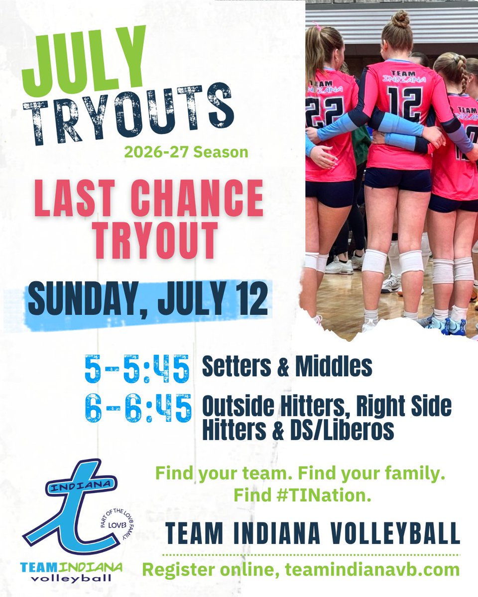 TeamIndianaVB's tweet photo. Don't miss your final summer chance to join #TINation (Elite 13-18s)! Final evaluation & Elite team placement on Sunday, July 12. Shine with us! Tryout registration & RSVP required!
https://t.co/7BEyX9MOrm https://t.co/De26MML1w3