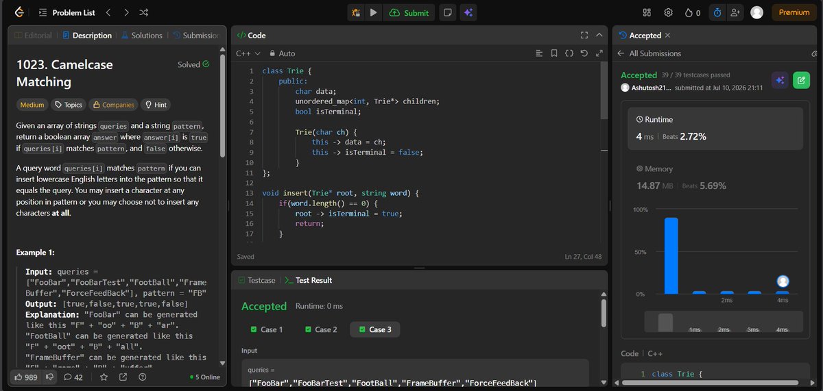 AshutoshP2128's tweet photo. π» Day-240/365 series of Consistent-Coding-Daily-DSA! π»
β
Camelcase Matching (Leet Code - 1023)
πΎ Code Repository: https://t.co/zaJmH07eCM
#365DaysOfDSA #DSA #LeetCode #GeeksforGeeks #CodingChallenge #ProblemSolving #Consistency #CodeEveryday https://t.co/AKHWXU13MI