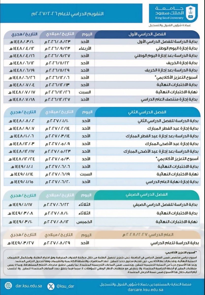 i40cv's tweet photo. التقويم الدراسي في جامعة الملك سعود 
2026/2027 https://t.co/f0SvMPP8CB