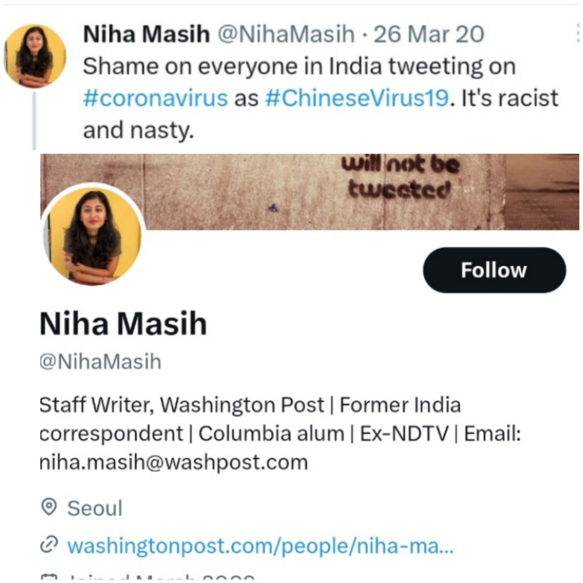 total_woke_'s tweet photo. This is how Chinese IT cell uses Ricebags &amp; Islamist brown sepoys to manipulate everyone. From Covid days...

Ricebag Niha Masih posted in 2020, shamed Indians for calling it Chinese Virus. The tweet goes viral. 1/5 https://t.co/g2NVBDXRfe