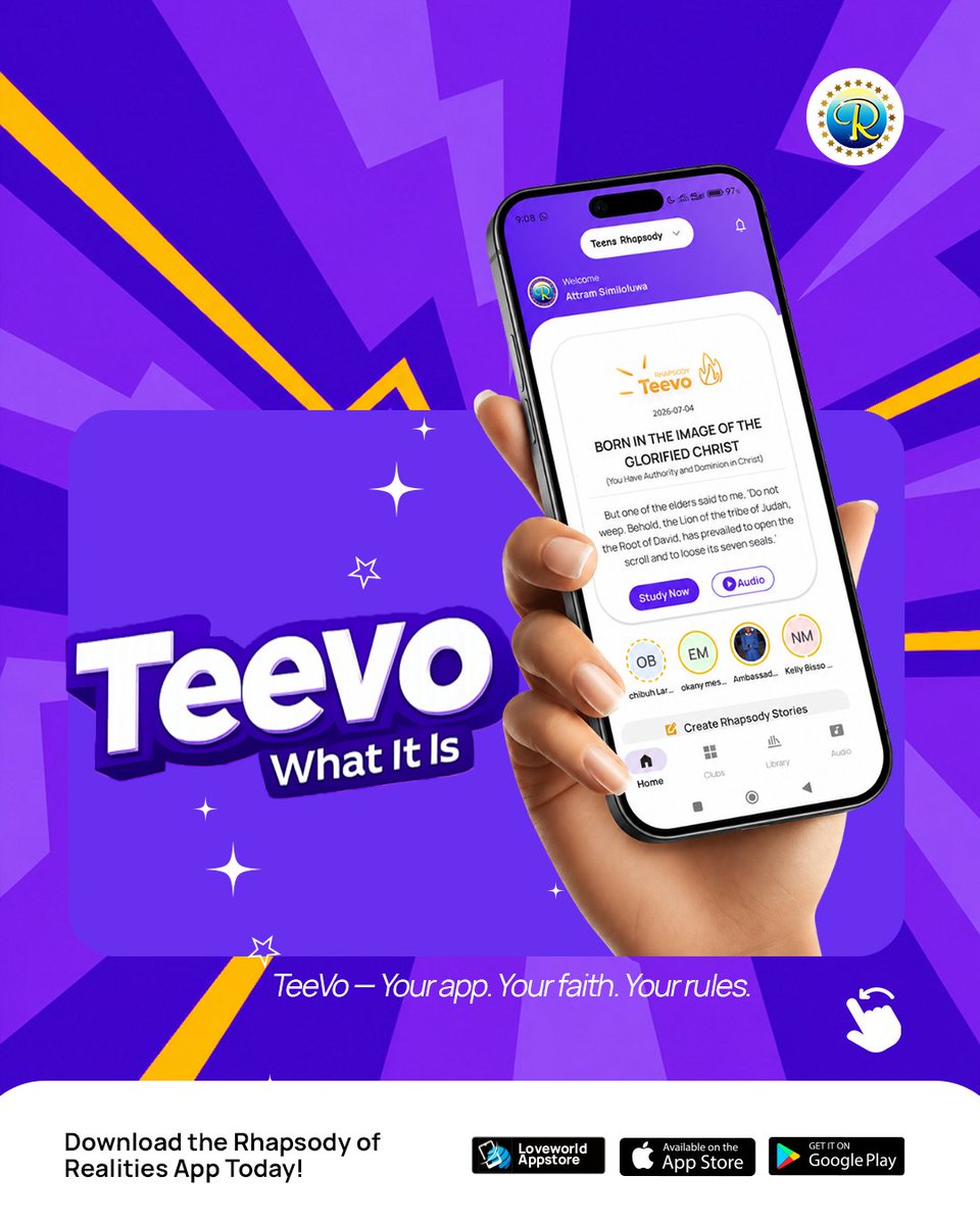 RhapsodyDaily's tweet photo. From real-talk devotionals and safe chat spaces to fun faith challenges and rewards, it’s the ultimate space built just for teens. Your app. Your faith. Your rules. 

Set up TeeVo for your teen on the Rhapsody App today! (Link in bio) 📲

#TeeVo #TeensMinistry #FaithYourWay #RhapsodyApp #TeenGrowth