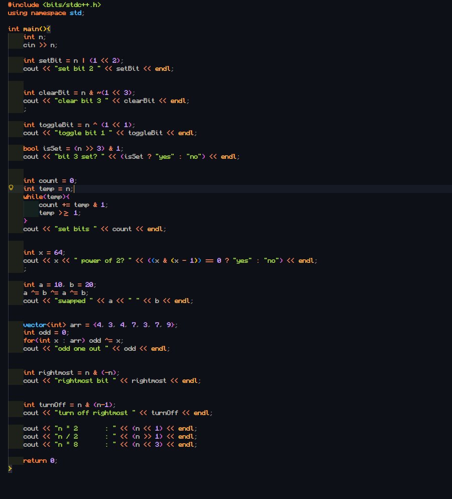 femrox9's tweet photo. #LSPPDay40 Today, I learned bit manipulation in C++, covering set, clear, toggle, check bits, counting set bits, power of 2 check, XOR swap, finding the odd one out in an array, and multiply/divide using bit shifts. #LearningWithLeapfrog #60DaysOfLearning2026 @lftechnology https://t.co/mNkXgxk7hn