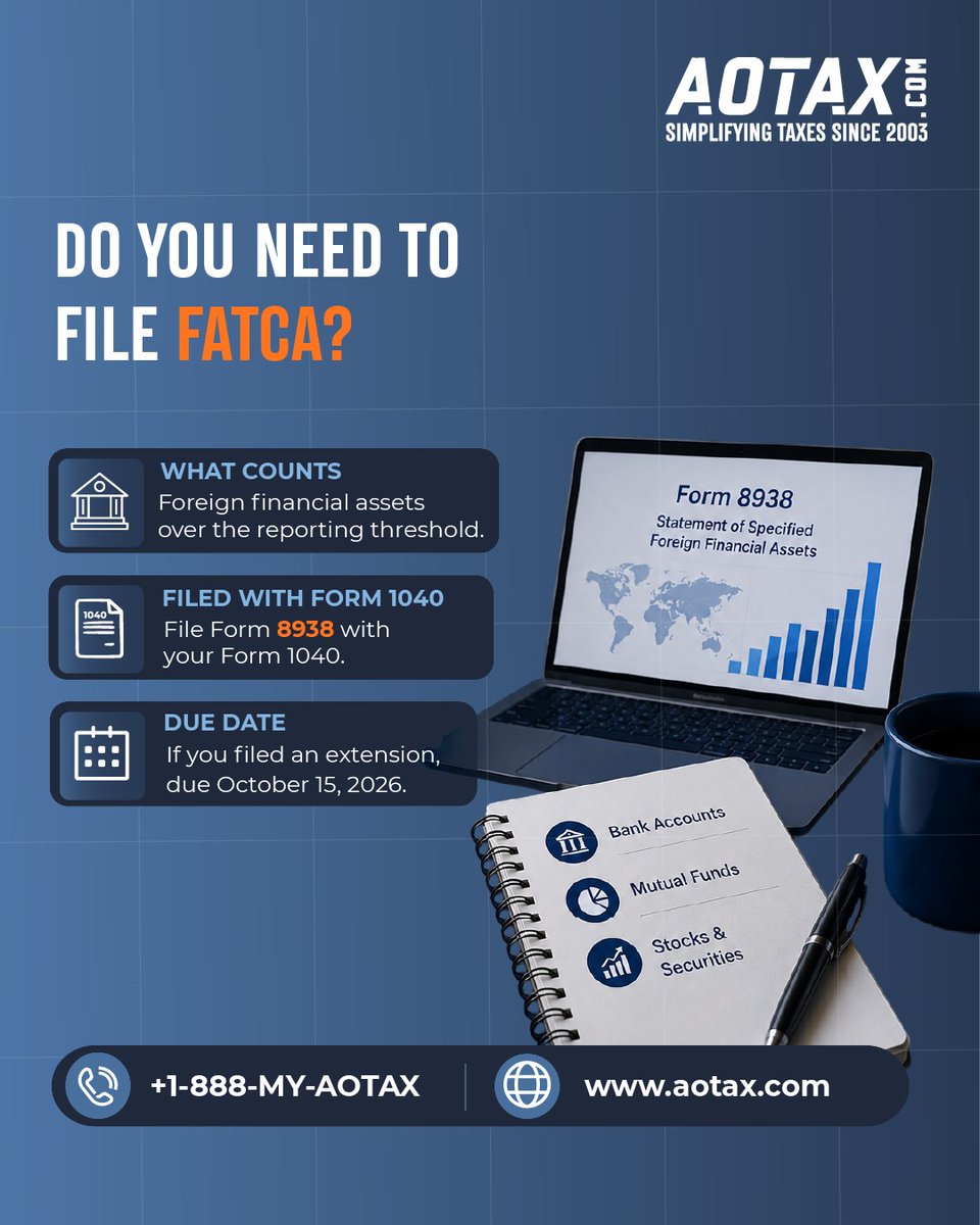 aotaxhelp's tweet photo. October 15 is 3 months away. β³
Indian bank accounts? Foreign assets?
You likely need to file #FBAR and #FATCA.
Your action plan:
πΉ Pull all Indian bank statements
πΉ Note the highest account balance during the year
πΉ List all foreign financial assets
πΉ Upload to #AOTAX https://t.co/1b5garKLzv