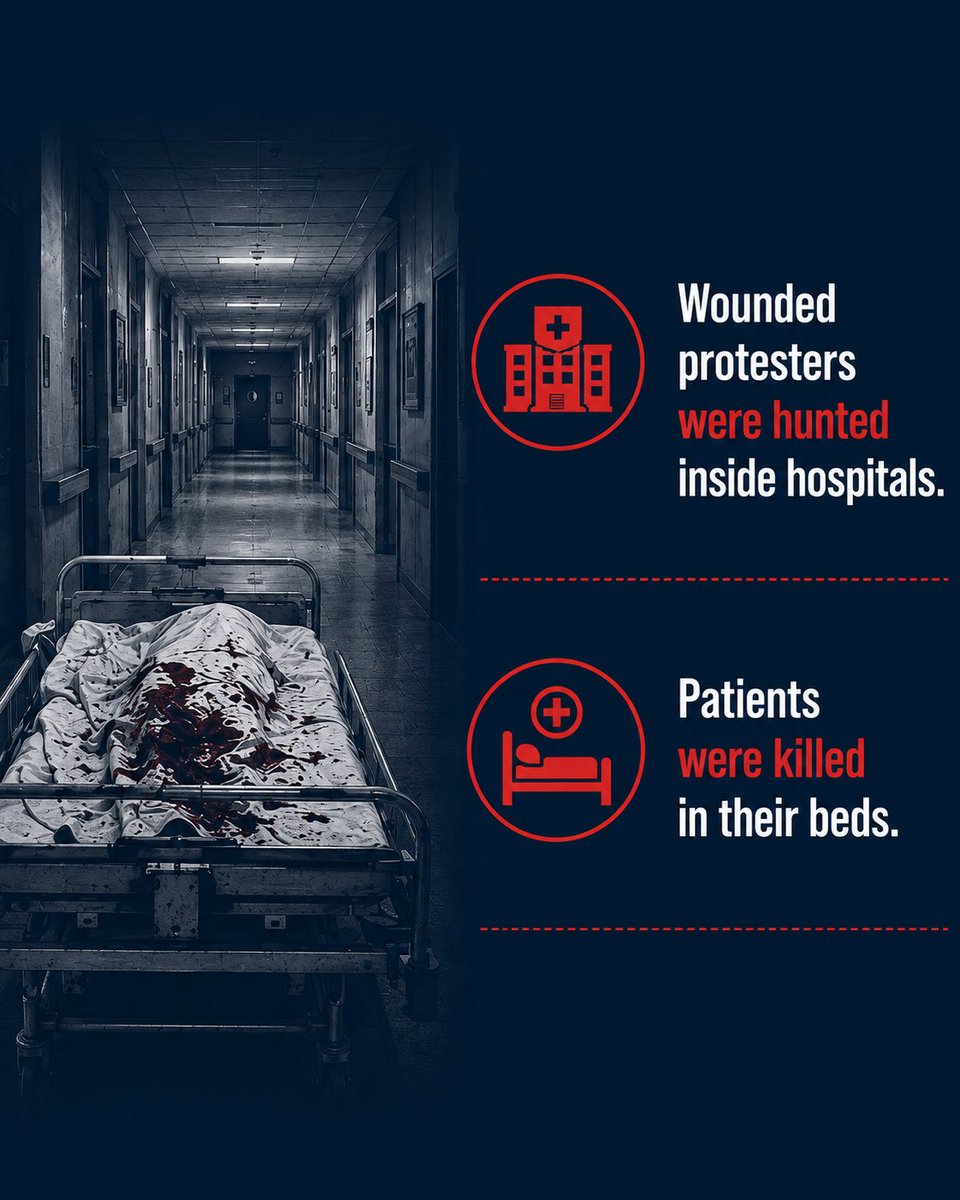 PahlaviComms's tweet photo. Unarmed protesters were hunted.
Patients were killed in hospital beds.
Families were forced to pay for the bodies of their loved ones and repeat the regime’s lies. https://t.co/PckM0ylZ7a