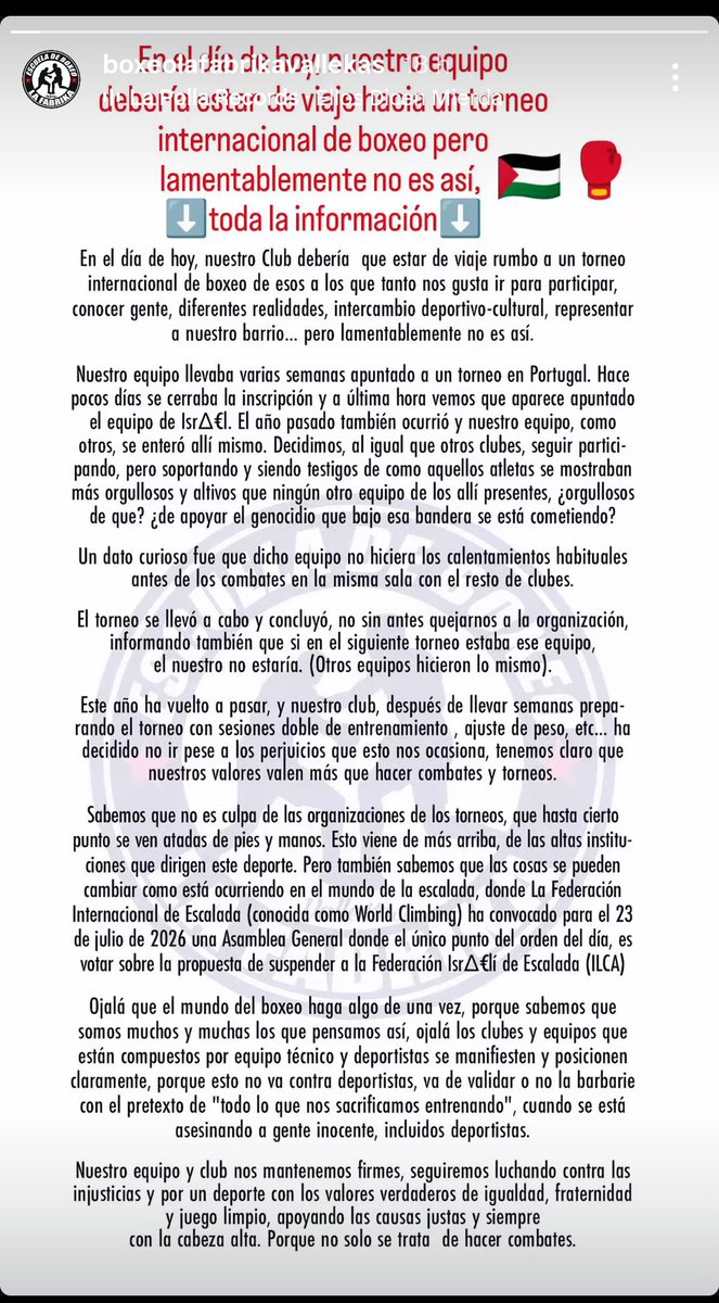 Sistema_161's tweet photo. 🇵🇸La Escuela de Boxeo la Fabrika de Vallekas anuncia que se retira de una competición internacional en Portugal debido a la participación de Israel en ella. 

Desde el club reafirman su posición de mantenerse firmes frente a las injusticias y no mirar para otro lado. https://t.co/KWsrzJ7VFk