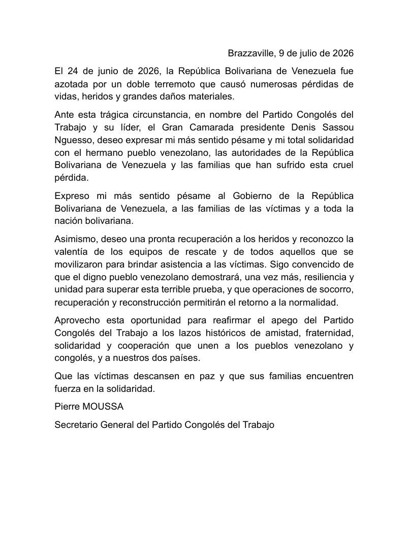 EmbCongo_ve's tweet photo. Ayer, el SG del Partido Congolés del Trabajo, Sr. Pierre Moussa, visitó la Embajada de Venezuela, con el fin de firmar el libro de condolencias en memoria de las víctimas de la tragedia sísmica ocurrida el 24/06/2026.
@yvangil
#BringThemBack
#FreeThemNow
#FreeMaduro
#FreeCilia https://t.co/QtWpYii6vL