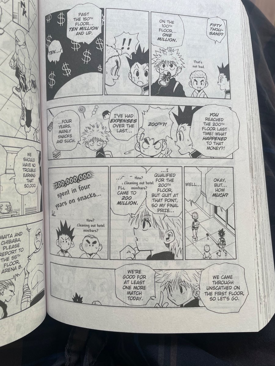 Glowplasma231's tweet photo. The second printing of @VIZMedia ‘s Hunter x Hunter omnibus 2 has a nasty printing error. Dialogue from panel seven is layered over Killua’s dialogue in panel six. Thankfully it’s more of a comedy bit and not heavy exposition, but still an issue. https://t.co/lqsbKfIbPq