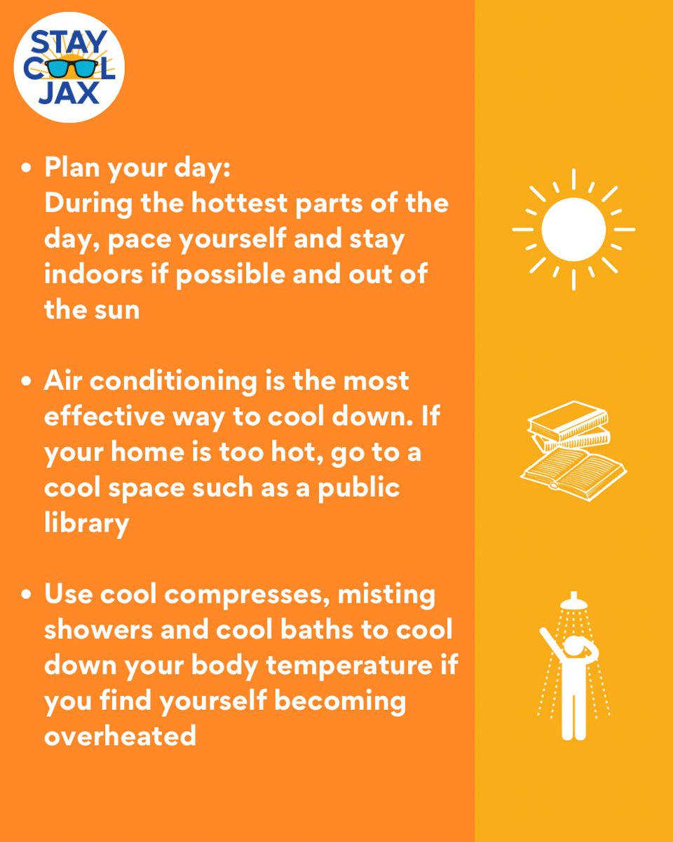 JaxReady's tweet photo. July 10, 2026

🌡️ Today marks the third consecutive day of dangerous heat across Jacksonville. A Heat Advisory is in effect for Duval County from 11 a.m. to 7 p.m., with heat index values expected to reach 112°.

The City of Jacksonville has activated its Cooling Center Contingency Plan. Cooling Centers are open at all City of Jacksonville libraries, community centers, pools, and splash pads to help residents stay safe.

If you need transportation, JTA will provide free rides to a Cooling Center.

Protect yourself and those around you: 💧 Drink water throughout the day ☀️ Limit strenuous outdoor activity during peak heat 🏠 Take breaks indoors or in the shade 🚗 Never leave children or pets in a parked vehicle 🧠 Know the signs of heat illness and act quickly if someone becomes ill

Learn more at https://t.co/xSnvCdBC48.