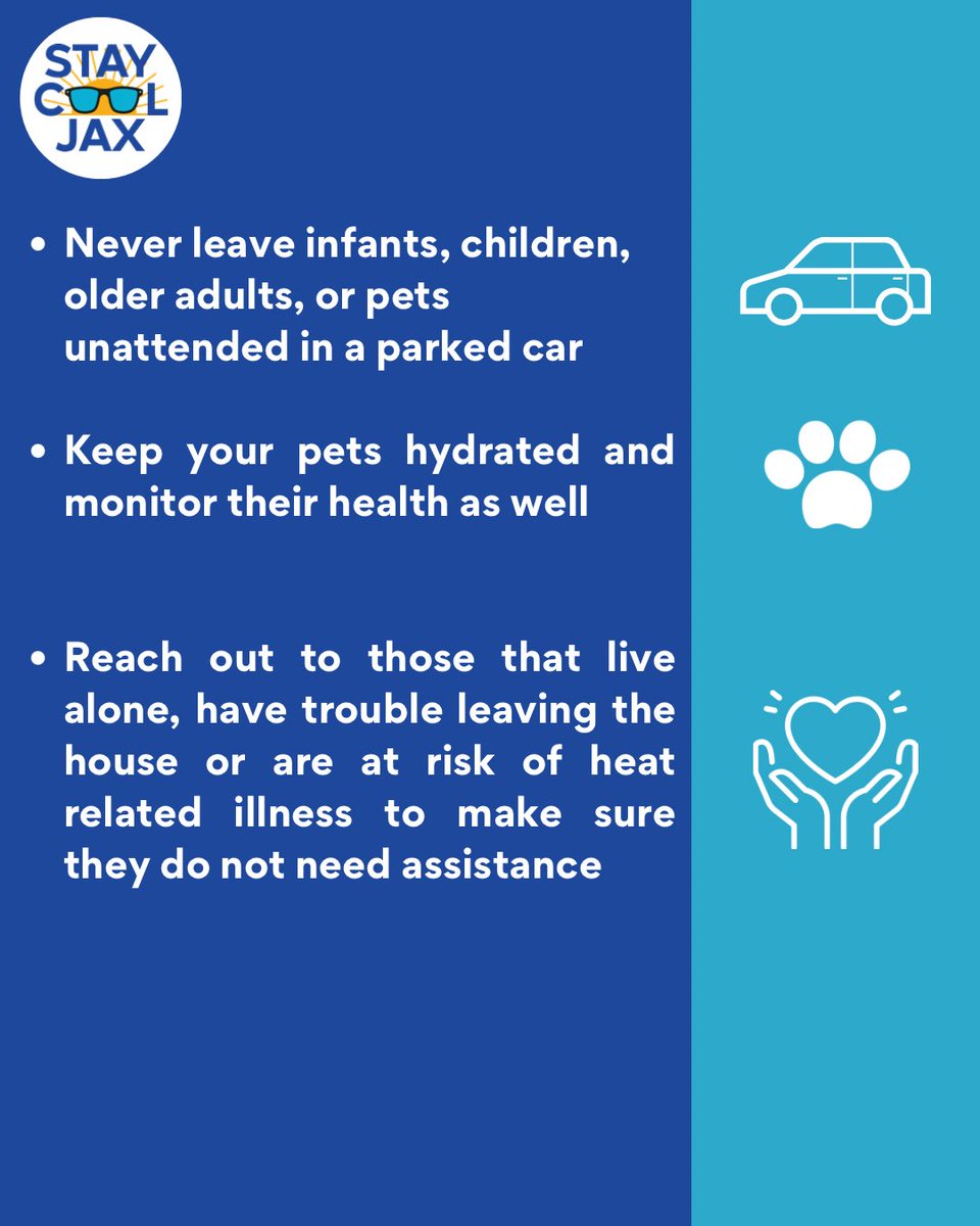 JaxReady's tweet photo. July 10, 2026

🌡️ Today marks the third consecutive day of dangerous heat across Jacksonville. A Heat Advisory is in effect for Duval County from 11 a.m. to 7 p.m., with heat index values expected to reach 112°.

The City of Jacksonville has activated its Cooling Center Contingency Plan. Cooling Centers are open at all City of Jacksonville libraries, community centers, pools, and splash pads to help residents stay safe.

If you need transportation, JTA will provide free rides to a Cooling Center.

Protect yourself and those around you: 💧 Drink water throughout the day ☀️ Limit strenuous outdoor activity during peak heat 🏠 Take breaks indoors or in the shade 🚗 Never leave children or pets in a parked vehicle 🧠 Know the signs of heat illness and act quickly if someone becomes ill

Learn more at https://t.co/xSnvCdBC48.